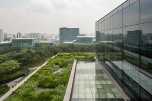 illustration of Gorgeous garden on the rooftop of a contemporary glass office building in Asia photo