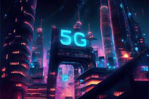 illustration of futuristic city at night, 5G internet network wireless systems and internet of things, smart city and communication network concept. photo