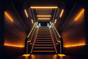 illustration of underground escalator with neon illumination, dynamic lights, upward movement, stairs photo