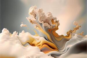 illustration of abstract fluid composing waves of varying sizes and colors is divided into layers, taupe, ivory, white, beige, and soft gold colors, gold glitter photo