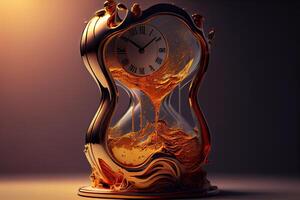 illustration of the illusion of time, a surreal clock made of golden and mercury materials, melting in a distorted and fluid manner photo