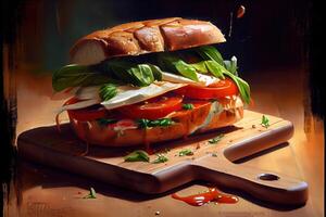 illustration of luxury italian sun sandwich, sitting on a wood board in a small Italian deli photo