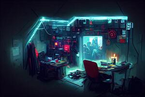 illustration of messy and dark cyberpunk hacker hideout room with lights photo