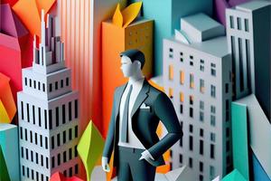 Business man in the city background, colorful. Business handshaking, successful concept. Paper cut craft, 3d paper illustration style. Neural network generated art. photo