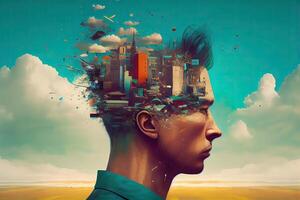 illustration of a mind in flux, a surreal digital artwork of a person's face fragmented into disparate states, state in mind, sad, negative, worry photo