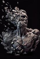 illustration of realistic stone man sculpture broken and pieces in black background. Motivation and surpassing yourself concept photo