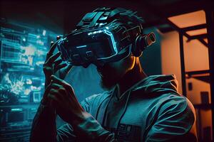 illustration of man with virtual reality VR goggle playing AR augmented reality game and entertainment, futuristic metaverse gameFi NFT game ideas photo