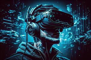 illustration of man with virtual reality VR goggle playing AR augmented reality game and entertainment, futuristic metaverse gameFi NFT game ideas photo