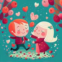 generativo ai ilustración de un adorable y entrañable dibujos animados personaje para San Valentín día, amar, corazones, flores, romance, feliz, alegre, alegre, divertido, juguetón, alegre, dulce foto