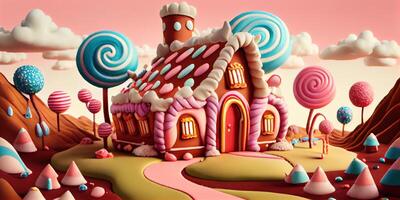 illustration of a sweet and magical world with candy land landscape and gingerbread fantasy house photo