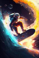 illustration of a space explorer riding a rocket-powered surfboard through an asteroid field, in a digital art style with a galactic color palette photo