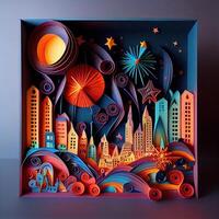 illustration of Photo paper cut quilling multidimensional paper cut, craft paper illustration, fireworks and beautiful city in new year eve, national day with colored lights, pop color.