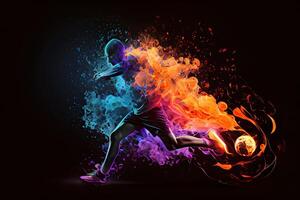 Generative AI illustration of the essence of a soccer player in motion as they kick a ball with intense energy, surrounded by vibrant colors and splashes photo