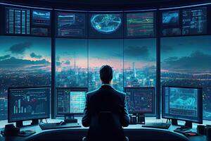 illustration of billionaire businessman data analyst in his futuristic control center, lots of monitors with statistical plots, economic graphs, charts, crypto data, glass windows photo