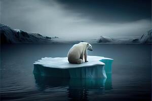 illustration of lonely white bear on iceberg, aurora sky photo