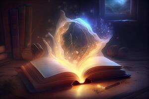 illustration of book of knowledge, universe, fantasy epic atmosphere, beautiful visual effects. Knowledge open new world. photo