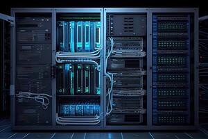 illustration of a platform for hosting contemporary Internet contents. Rack housing server data storage hardware. The equipment in the data center is connected by a lot of network cables photo