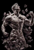 illustration of realistic stone man sculpture broken and pieces in black background. Motivation and surpassing yourself concept photo