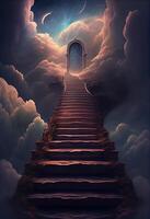 illustration of a stunning staircase that leads up to a heavenly realm. The stairs are illuminated with a soft, ethereal light, a misty, magical haze photo