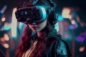 illustration of an enthusiastic young women wearing virtual reality goggles is inside the metaverse. Metaverse concept and virtual world elements. Neural network art photo