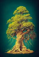 illustration of old big green tree with roots, on dry land, tree of earth and life, magic tree.Digital art, nature concept. photo