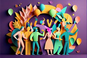 illustration of People in New Year's Eve party background, men and women celebrating holidays together, partying, cheering and dancing. Paper cut craft, 3d paper illustration style. photo