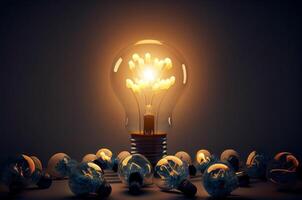 illustration of bright idea for business, education, star up growth, light bulbs on dark background, idea concept photo