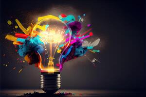 illustration of bright idea for business, education, star up growth, light bulbs on dark background, idea concept photo