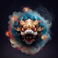 illustration of anthropomorphic traditional Chinese lion dance, big round eyes, plump body, Chinese Spring Festival, luminous particles, smoke photo