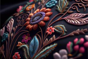 Generative AI illustration of multicolor ethnic hand embroidery pattern design photo