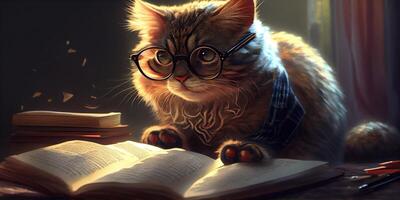 illustration of Intelligent serious cat in glasses reading a book, volumn light photo