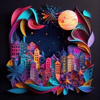 generativo ai ilustración de foto papel cortar encañonado multidimensional papel cortar, arte papel ilustración, fuegos artificiales y hermosa ciudad en nuevo año víspera, nacional día con de colores luces, popular color.