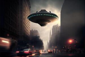 illustration of UFO flying in the sky of city photo