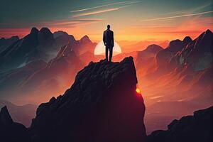 illustration of a lonely business man on top of the mountain photo