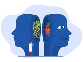 Two human heads silhouette decoding with The opposite mindset chaos and order in thoughts concept. vector illustration