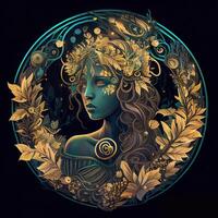 generativo ai ilustración de cyberpunk zodíaco firmar con un bosque creciente en espalda, galaxia, centrado dentro intrincado oro circulo de follaje foto