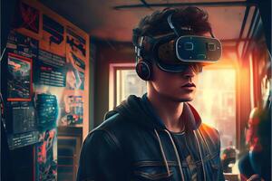 illustration of an enthusiastic young men wearing virtual reality goggles is inside the metaverse. Metaverse concept and virtual world elements. Neural network art photo