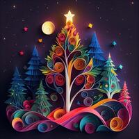 illustration of photo paper cut quilling multidimensional paper cut, craft paper illustration, christmas tree and colored lights vine stars, pop color. Neural network generated art.