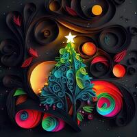 illustration of photo paper cut quilling multidimensional paper cut, craft paper illustration, christmas tree and colored lights vine stars, pop color. Neural network generated art.