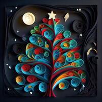 illustration of photo paper cut quilling multidimensional paper cut, craft paper illustration, christmas tree and colored lights vine stars, pop color. Neural network generated art.
