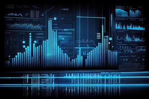 illustration of financial charts, futuristic, silhouette crypto currency market, isometric, blue background photo