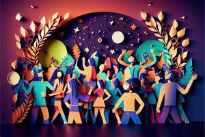 illustration of People in New Year's Eve party background, men and women celebrating holidays together, partying, cheering and dancing. Paper cut craft, 3d paper illustration style. photo