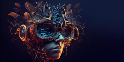 illustration of Metaverse concept and virtual world elements. Side view of human face in augmented or virtual reality headset inside the metaverse photo