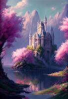 illustration of magical land of enchanted forests, castle, sparkling waterfalls and lush meadows, lake and fairy tail photo