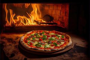 illustration of Italian pizza is cooked in a wood-fired oven. photo