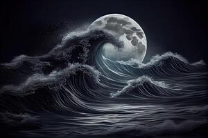 illustration of a sea dark night landscape. Red Moonlight reflected in the waves of the ocean. Sea stormy wave with foam, Japanese art style photo