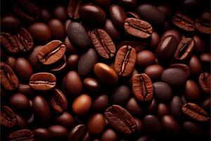 illustration of Roasted Coffee Beans Closeup On Dark Background, blurred background photo