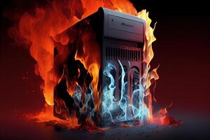 illustration of burning computer server in messy dark doom photo