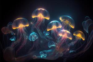 generativo ai ilustración de brillante mar medusas en oscuro fondo, luz, magia, mar foto