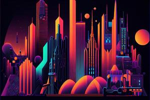 illustration of Future city, surreal neon fantasy abstract in infographic style. Neural network generated art. Digitally generated image. Not based on any actual scene or pattern photo